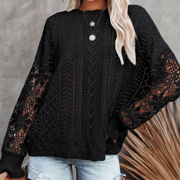 New Women's Boho Crochet Long Sleeve Pullover Light Sweater - Picture 4 of 8
